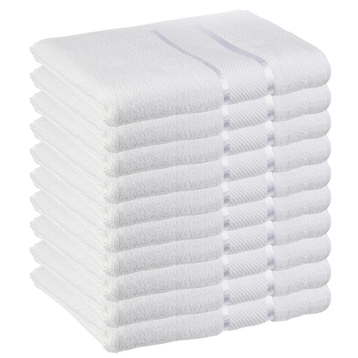 Комплект от 10 кърпи Teno® за баня и лице, за жилищни/хотелски/пътнически цели, плътност 420g/m², египетски десен, 100% памук, размери 30x50 cm, бели
