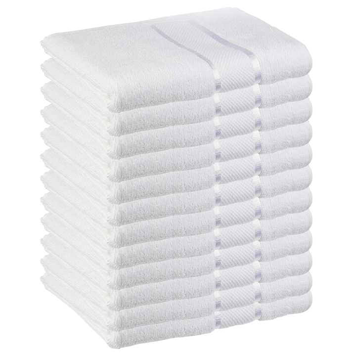 Комплект от 12 кърпи Teno® за баня и лице, за жилищни/хотелски/пътнически цели, плътност 420g/m², египетски десен, 100% памук, размери 30x50 cm, бели