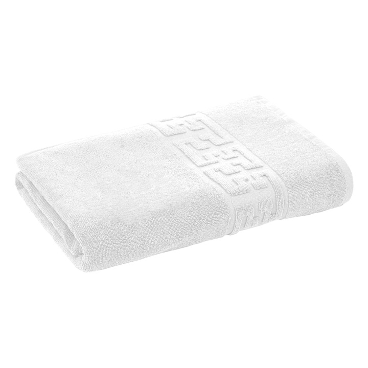 Кърпа Teno® с двойна нишка за баня и лице, за жилища/хотели/пътуване, плътност 500g/m², гръцки десен, 100% памук, размер 50x90 см, бяла