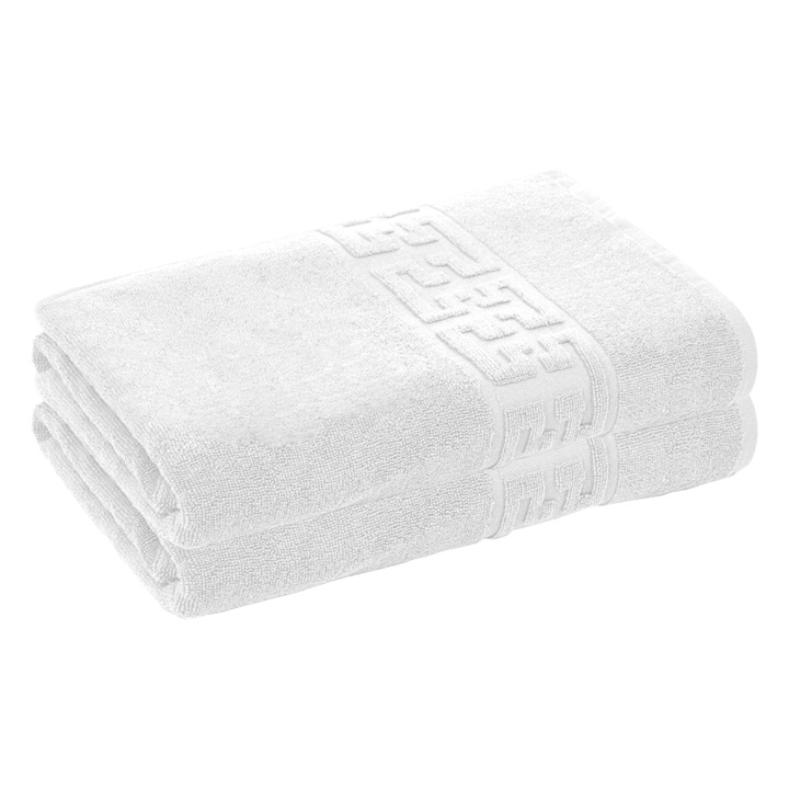 Комплект от 2 кърпи Teno® с двойна нишка за баня и лице, за жилището/хотела/пътуване, плътност 500g/m², гръцки десен, 100% памук, размери 50x90 см, бели