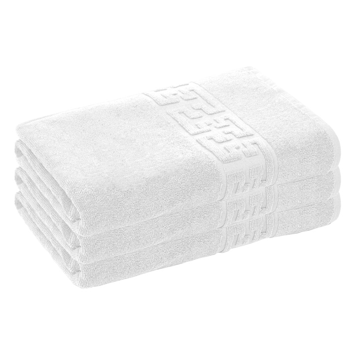 Комплект от 3 кърпи Teno® с двойна нишка за баня и лице, за жилището/хотела/пътуване, плътност 500g/m², гръцки десен, 100% памук, размери 50x90 см, бели