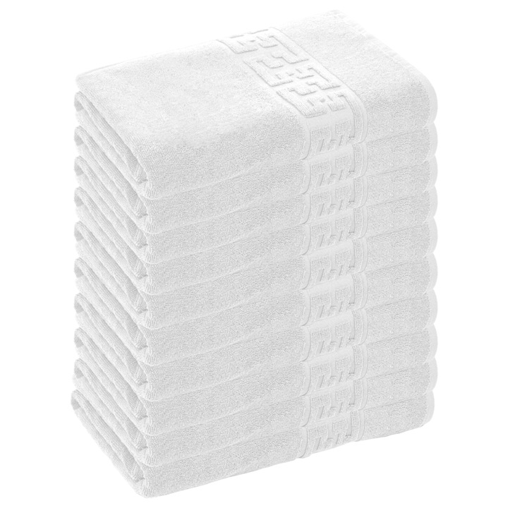 Комплект от 10 кърпи Teno® с двойна нишка за баня и лице, за жилището/хотеля/пътуване, плътност 500g/m², гръцки десен, 100% памук, размери 70x130 см, бели