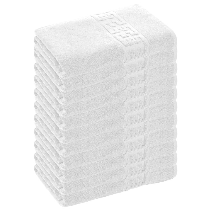 Комплект от 11 кърпи Teno® с двойна нишка за баня и лице, за жилищни/хотелски/пътнически цели, плътност 500g/m², гръцки десен, 100% памук, размери 70x130 cm, бели