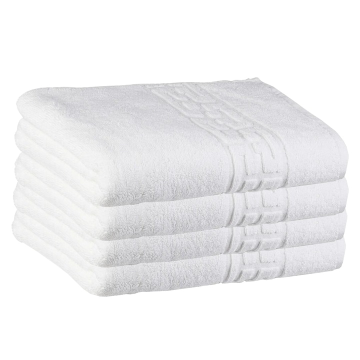 Комплект от 4 кърпи Teno® с двойна нишка за баня и лице, за жилището/хотеля/пътуване, плътност 620g/m², гръцки десен, 100% памук, размери 70x130 см, бели