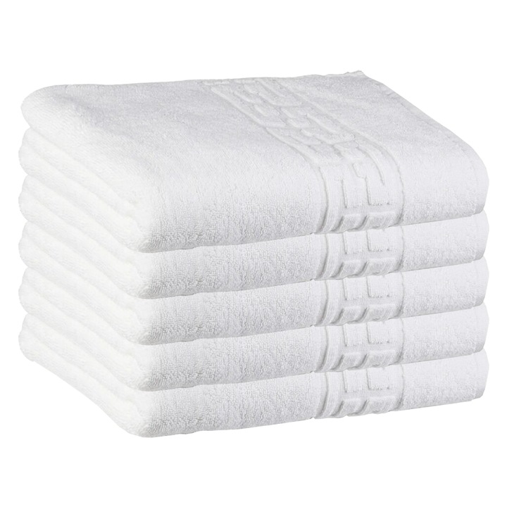 Комплект от 5 кърпи Teno® с двойна нишка за баня и лице, за жилището/хотеля/пътуване, плътност 620g/m², гръцки десен, 100% памук, размери 70x130 см, бели