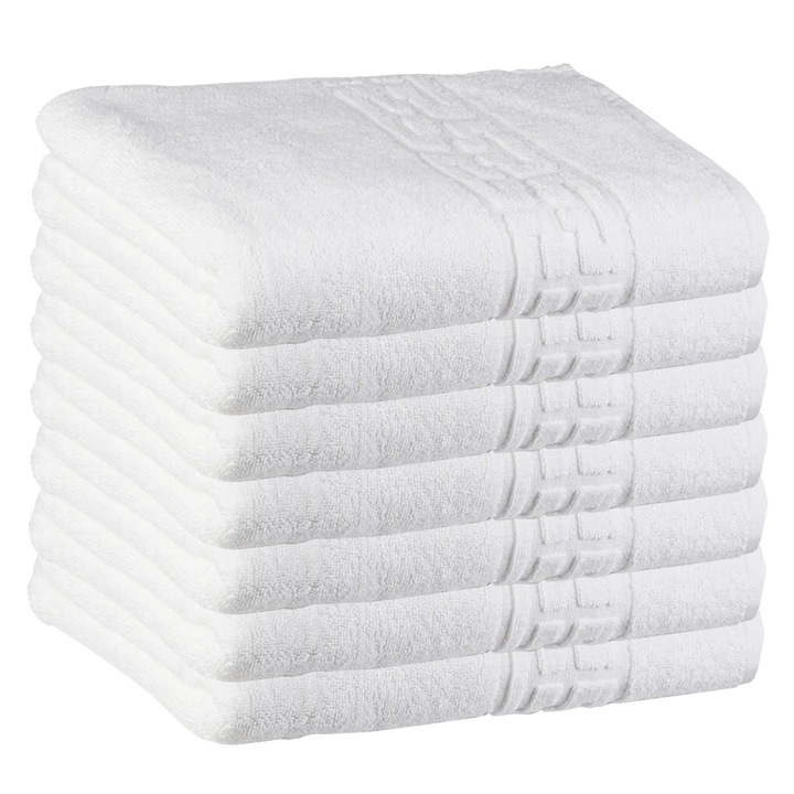 Комплект от 7 кърпи Teno® с двойна нишка за баня и лице, за жилището/хотеля/пътуване, плътност 620g/m², гръцки десен, 100% памук, размери 70x130 см, бели