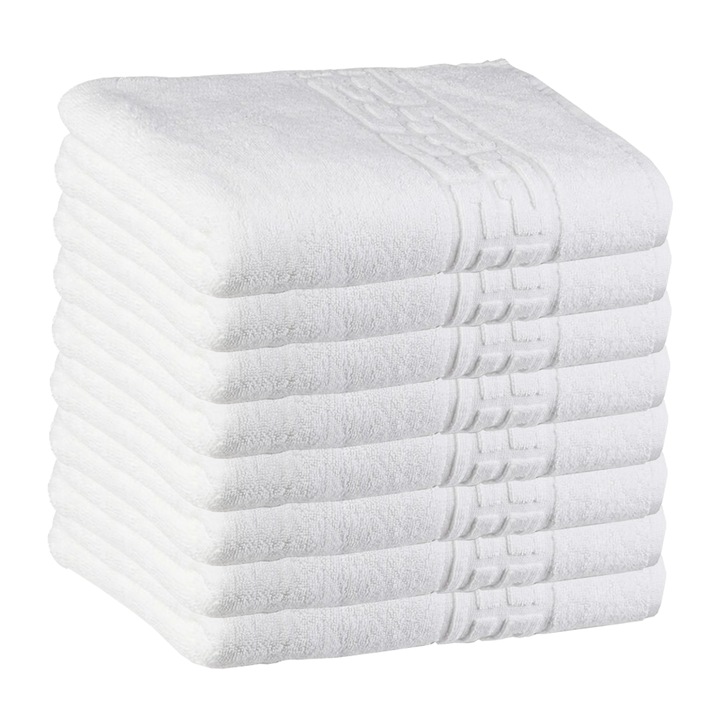 Комплект от 8 кърпи Teno® с двойна нишка за баня и лице, за жилището/хотеля/пътуване, плътност 620g/m², гръцки десен, 100% памук, размери 70x130 см, бели