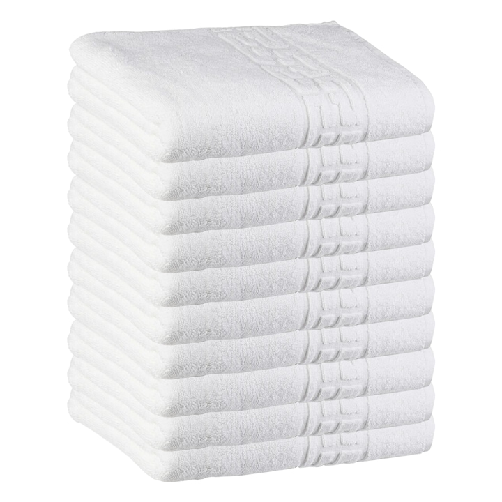 Комплект от 9 кърпи Teno® с двойна нишка за баня и лице, за жилищни/хотелски/пътнически цели, плътност 620g/m², Greek pattern, 100% памук, размери 50x90 cm, бели