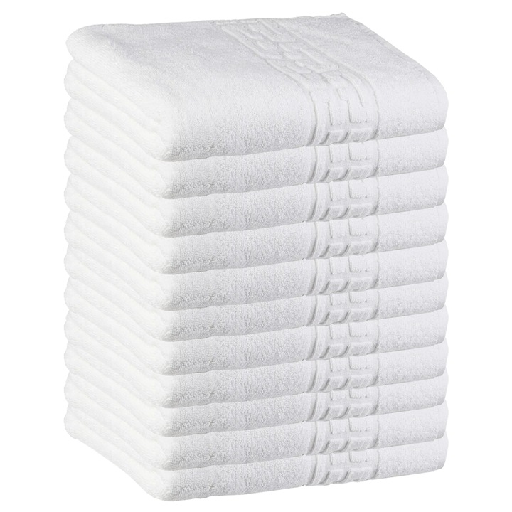 Комплект от 10 кърпи Teno® с двойна нишка за баня и лице, за жилището/хотеля/пътуване, плътност 620g/m², гръцки десен, 100% памук, размери 50x90 см, бели