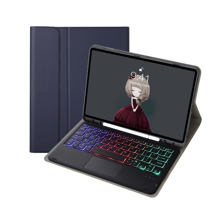 Husa cu tastatura iPad compatibila iPad 97 2018&2017 / Pro 97 / Air 2, din piele, suport pentru creion, touchpad, iluminare din spate, Bluetooth, albastru