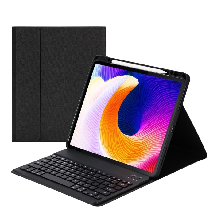 Husa cu tastatura compatibila iPad cu suport si fante pentru pix, tastatura Bluetooth din plastic detasabila compatibila iPad Pro 129 inch 2021 / 2020 / 2018, negru