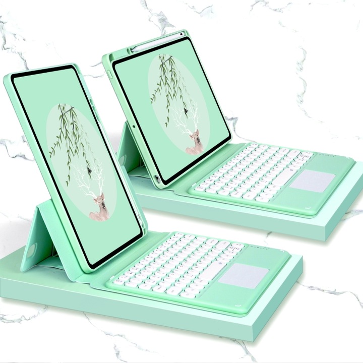 Husa cu tastatura compatibila iPad din piele cu touchpad, husa de jos rotativa Compatibila cu iPad 102 2021/2020/2019, Air 2019, Pro 105 Wireless, Touchpad, Rotativa, Verde