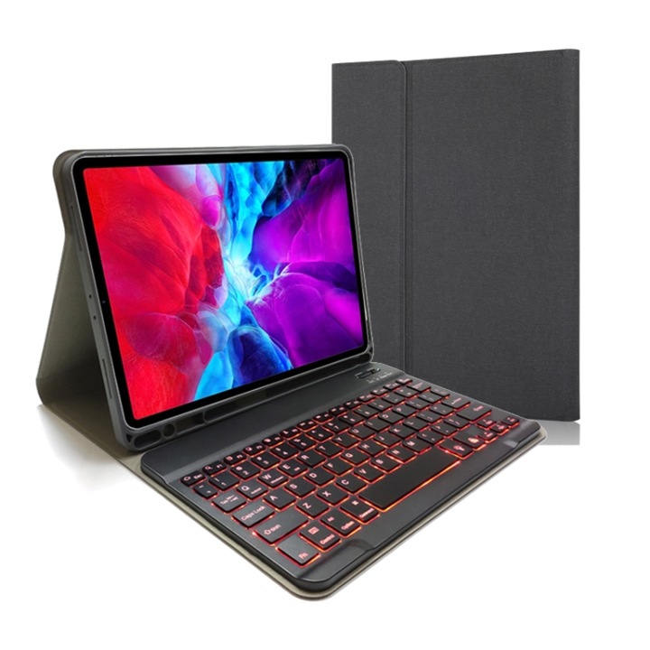 Husa cu tastatura compatibila iPad, textura de panza, iluminare din spate, magnetic, Bluetooth, suport, slot pentru pix, compatibila iPad Pro 11 2020/2018, negru