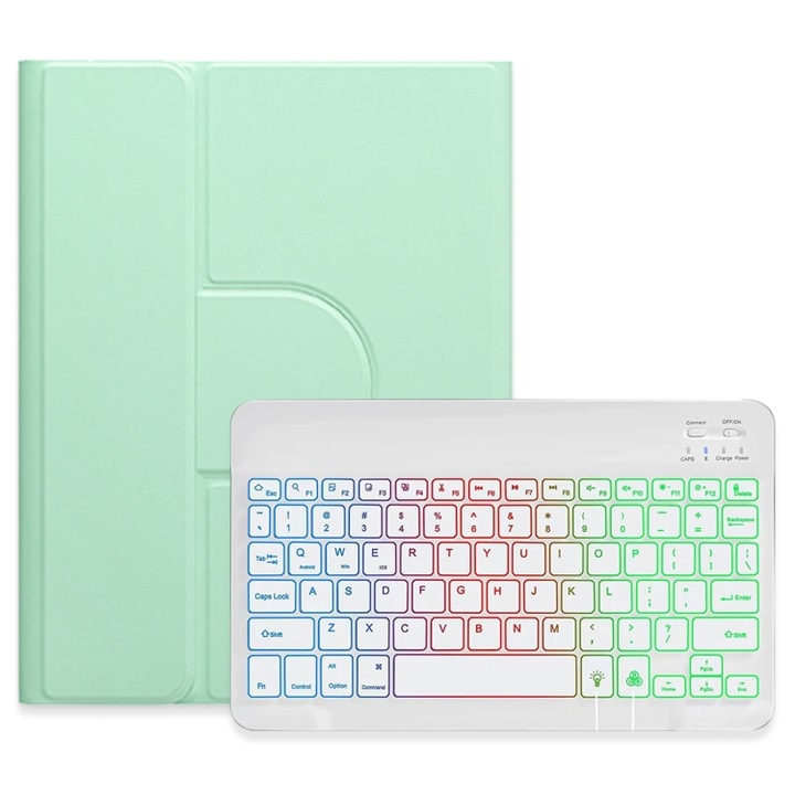 Husa cu tastatura compatibila iPad cu iluminare in trei culori, tastatura Bluetooth rotativa la 360 de grade, husa din piele compatibila iPad 102 2021 & Air 2019 in verde menta