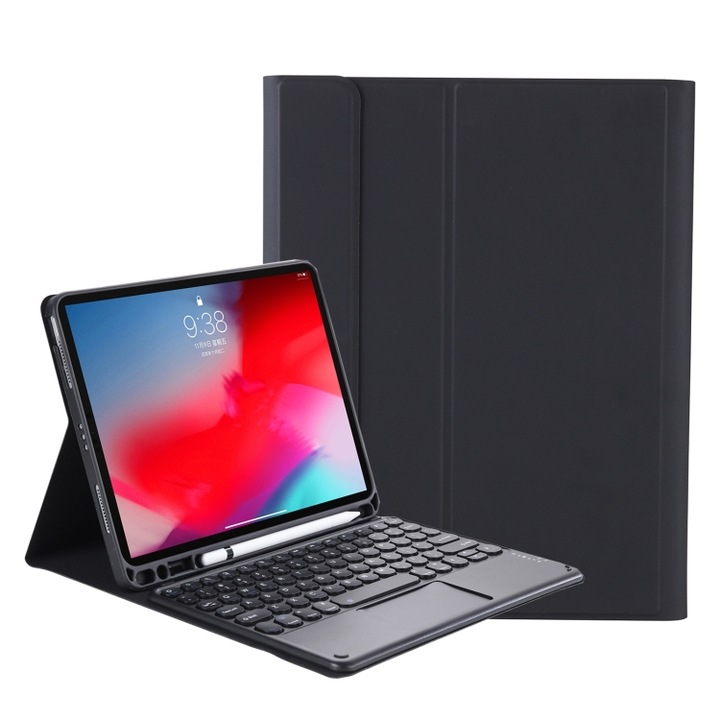 Husa cu tastatura compatibila iPad, husa din piele premium, control tactil, Bluetooth 5.0, design de tastatura cu taste rotunde, detasabila, culoare candy, compatibila iPad Pro 11 inch, negru