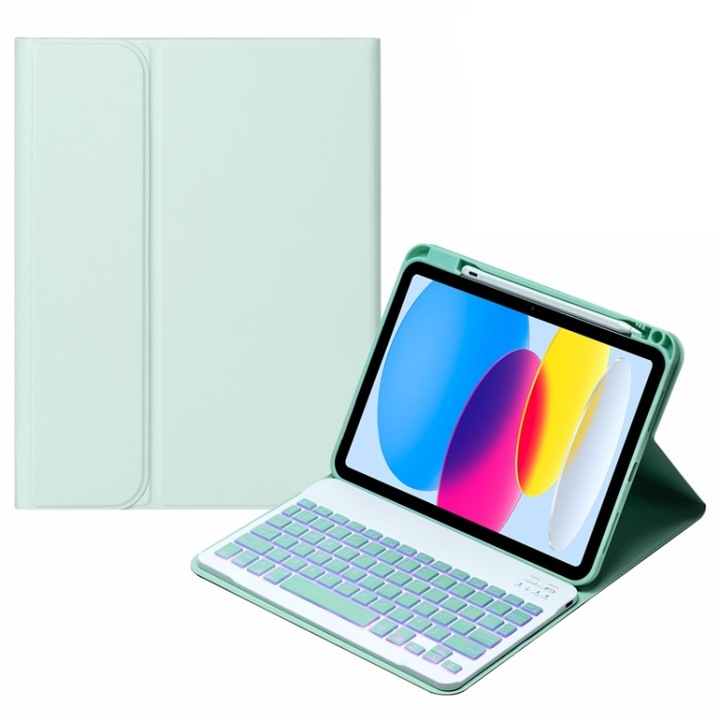 Husa cu tastatura iPad compatibila iPad Gen 10 109 2022, husa din piele SA-10DS cu tastatura Bluetooth iluminata, slot pentru creion in verde deschis