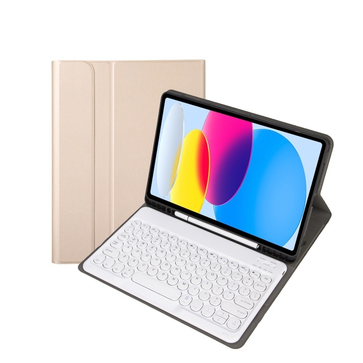 Husa cu tastatura compatibila iPad cu textura de piele de miel YA10B pentru Apple iPad al 10-lea Gen 109 2022 Dispune de Bluetooth, loc pentru creion, culoare auriu