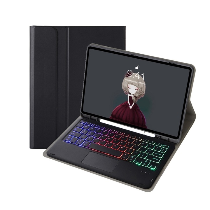 Husa cu tastatura compatibila iPad, piele naturala, slot pentru stilou, touch pad, iluminare din spate, Bluetooth 5.3, iPad 97 2018&2017, Pro 97, Air 2, negru