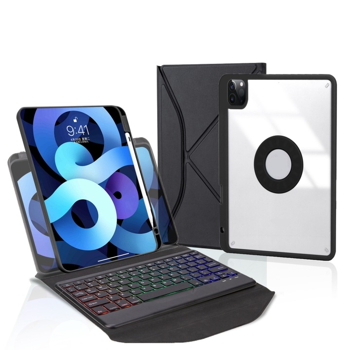 Husa cu tastatura iPad cu slot pentru creion, lumini de fundal, Bluetooth, din piele, compatibila iPad Pro 11 2021/2020/2018 in negru