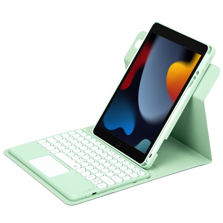 Husa cu tastatura din piele compatibila iPad cu touchpad, rotativa la 360 de grade, design cu butoane rotunde, Bluetooth, compatibila iPad 102 2021 / Air 2019, Verde Menta