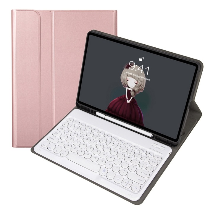 Husa cu tastatura compatibila iPad, textura din piele de miel detasabila, taste rotunde, Bluetooth, loc pentru stilou, suport, iPad Pro 11 2021, roz aurii