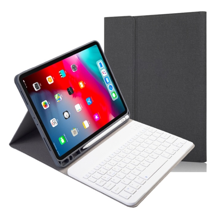 Husa cu tastatura compatibila iPad cu textura de panza, tastatura Bluetooth magnetica, suport & slot pentru pix, compatibila cu iPad Pro 11 2020 / 2018, negru