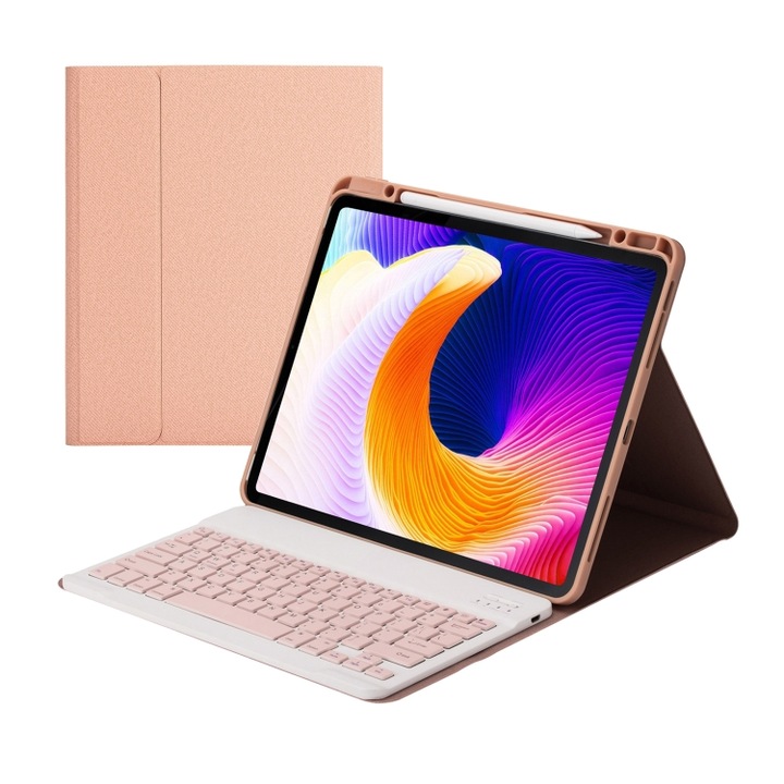 Husa cu tastatura compatibila iPad cu suport si loc pentru creion, detasabila din plastic, Bluetooth, compatibila iPad Pro 129 inch 2021 / 2020 / 2018, roz