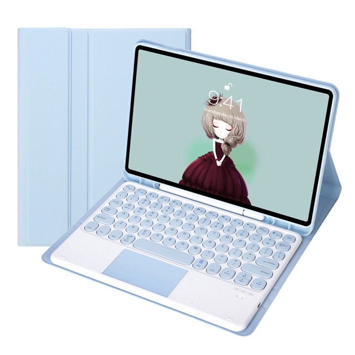 Husa cu tastatura compatibila iPad, din piele, control tactil, Bluetooth, compatibila iPad Pro 11 inch, culoare Candy, textura de piele, alb