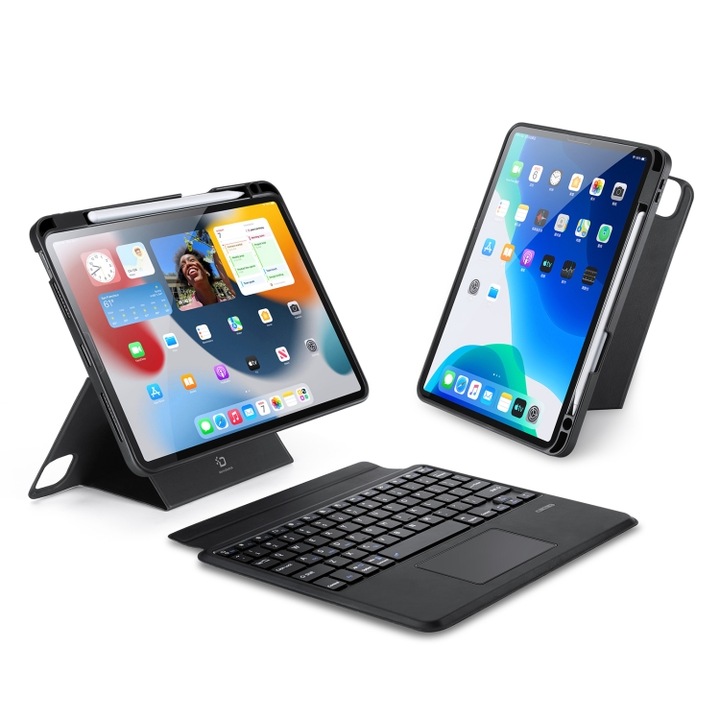 Husa cu tastatura pentru iPad, Dux Ducis®, Apple iPad Pro 11, 2022, iPad Air 2022, Bluetooth 5.0, Incarcare Type-C, Piele PU, Durata bateriei de 80H, Negru