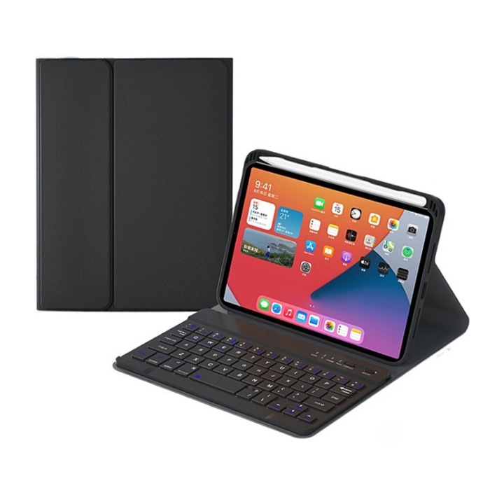 Husa cu tastatura compatibila iPad cu taste patrate, Bluetooth, piele, suport compatibila iPad Mini 6 Compatibil cu iPad Mini 6, culoare negru