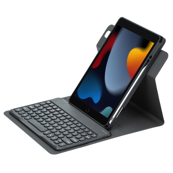 Husa cu tastatura compatibila iPad 102 2021/ Air 2019, cu tastatura Bluetooth rotativa la 360°, husa de piele, protectie cu design de butoane rotunde in culoare negru eleganta