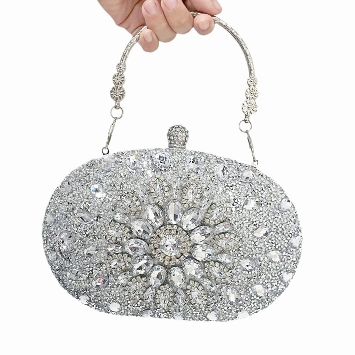 Jormftte női estélyi táska, kristályminta, ezüst, ideális esküvőkre és partikra