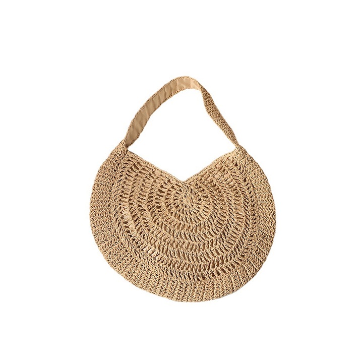 Чанта, Кръгла, Сламена, Диаметър 44 см, Височина 28 см, Презрамка за рамо 50 см, Кафяв