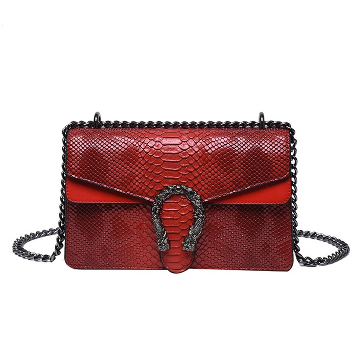 Jormftte válltáska, kígyómintás, piros, állítható lánccal, elegáns és nőies stílusú