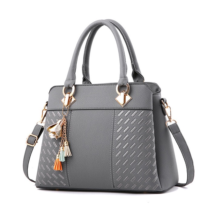 Jormftte női táska, patchwork mintás, sötétszürke, PU anyagból, állítható pánttal, keresztpántos típus.