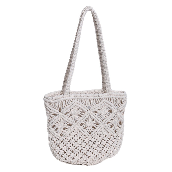 Női táska, hobo modell, horgolt, pamut, fehér, 29x22x3cm