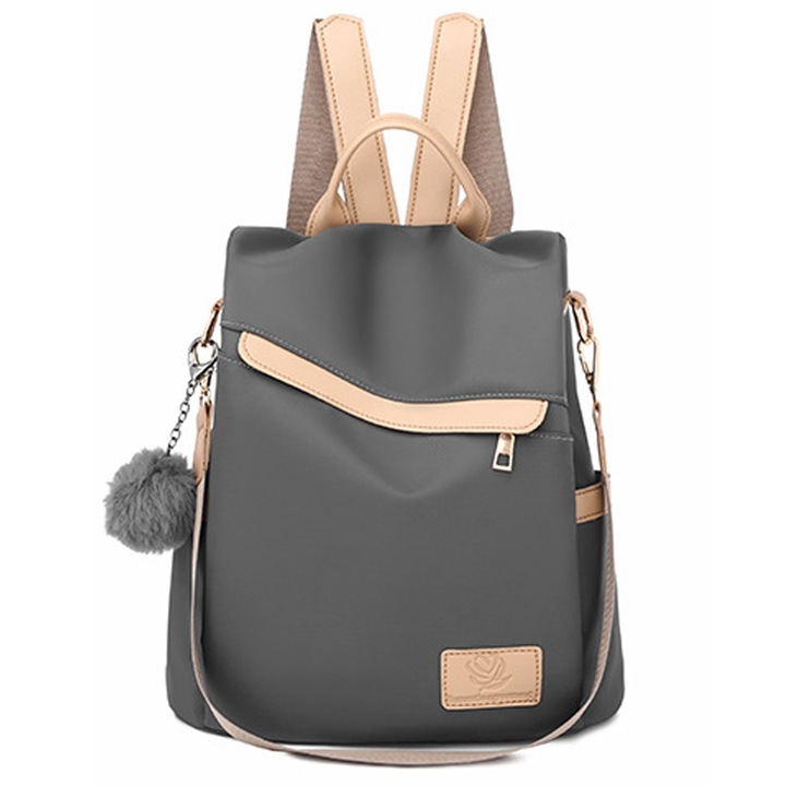 Rucsac anti-furt pentru femei, gri, impermeabil, dimensiuni 29x30x11cm