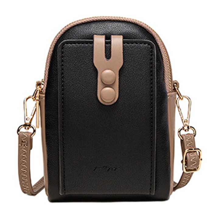 Jormftte keresztpántos telefontáska, műbőr, 3 cipzáras zseb, fekete