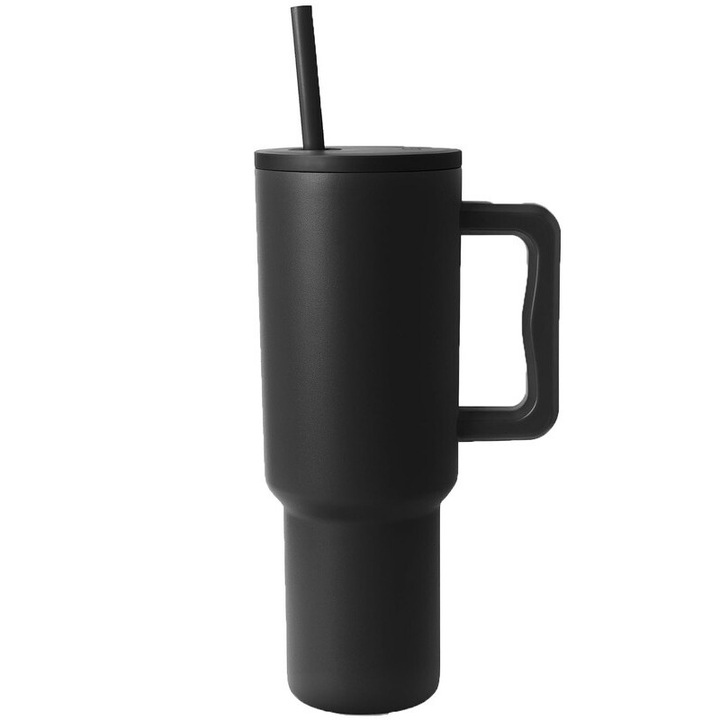 Cana Termos cu Maner si Capac cu Pai, 1200 ml, Otel inoxidabil, Rezistent la Scurgeri, Manere Ergonomice, Compatibil Suport Auto, Negru