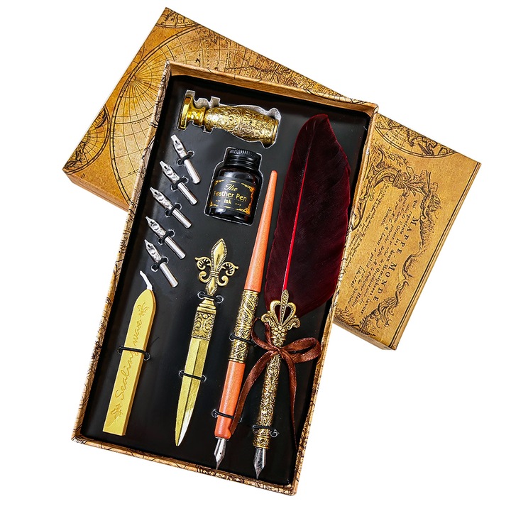 Set complet de stilouri de caligrafie, gxwcyi, 1 stilou cu pana, 1 stilou din lemn, cerneala colorata, 5 + 12 niburi interschimbabile, cutie clasica