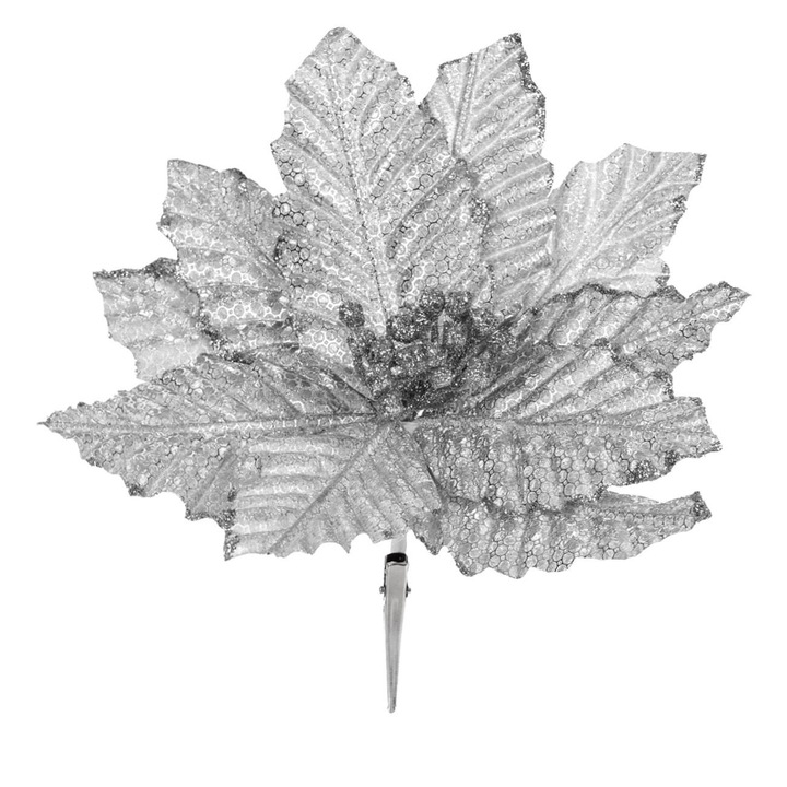 Ornament Craciun, Floare cu Clips, Argintiu, Glitter, 21 cm