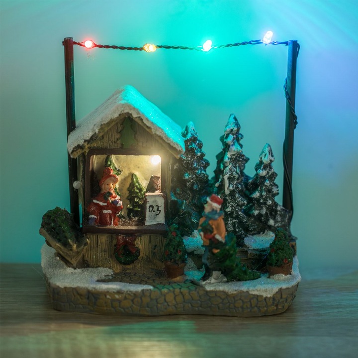 Scena de craciun magazin cu brazi figurine & lumina led 14x8x13cm