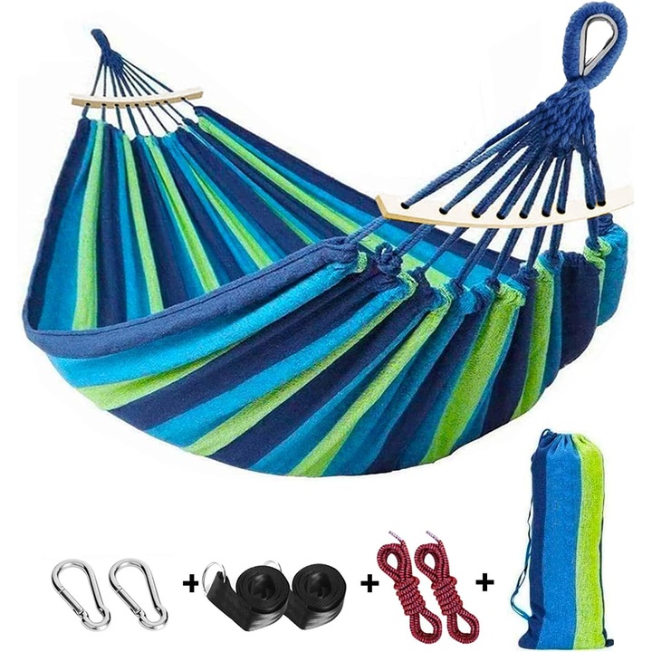 BGHYHYHI Хамак, двоен, 200x150 см, товароносимост 200 кг, с балансираща щанга, с транспортна чанта, син