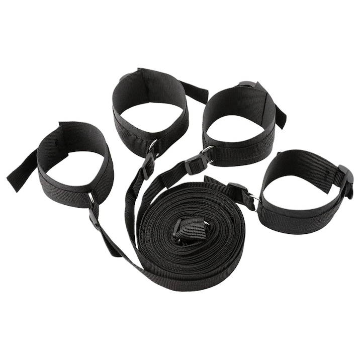 Комплект еротични аксесоари, 4 белезници и ремъци за ръце и глезени, бондаж, фиксация на леглото, регулируеми, черни