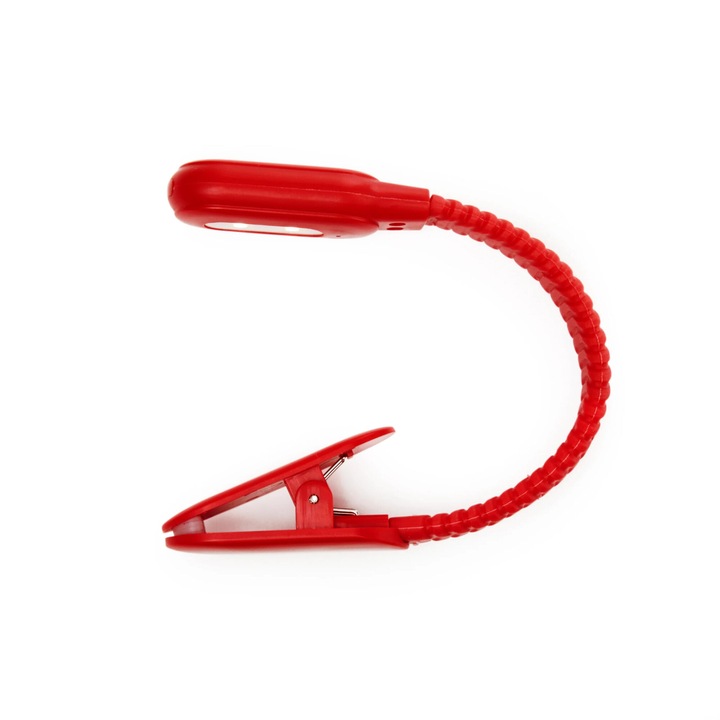 Lampa de citit cu clips, Kikkerland, LED, rosu, 2 niveluri de luminozitate, 2.1x22x2.8cm, ABS