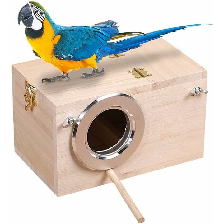 Cuibar din lemn pentru pasari BGHYHYHI, design cu fereastra transparenta, pentru nimfe si papagali, dimensiuni 30x20x20cm