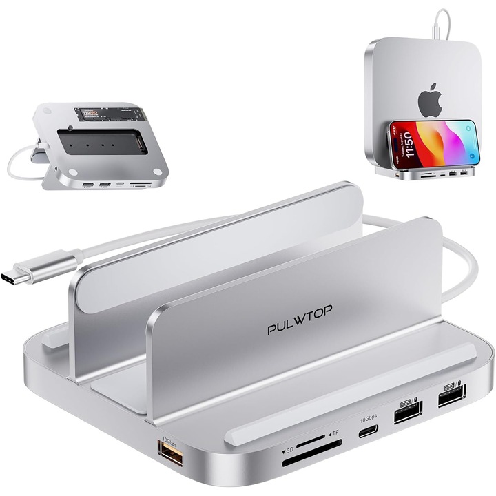Докинг станция Mac Mini M2/M1 Hub, 8 в 1 вертикална докинг станция с PCIe SSD слот, 3 USB-A, USB-C 10Gbps слот, SD/TF четец на карти, 3,5 mm аудио жак, с държач за телефон