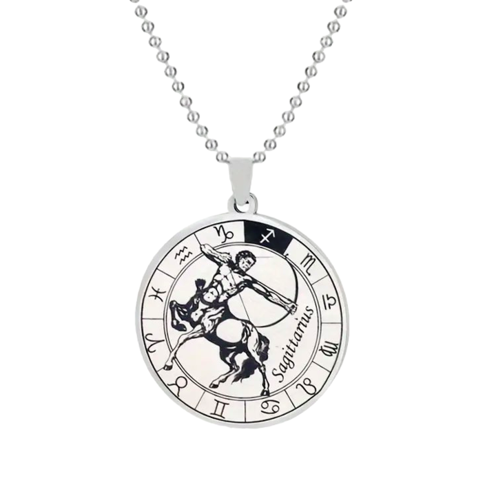 Nyaklánc, rozsdamentes acél, unisex, zodiákus, csillagjegy, állatövi jegy, Nyilas, horoszkóp medál, golyós lánc 59 cm, 3 cm