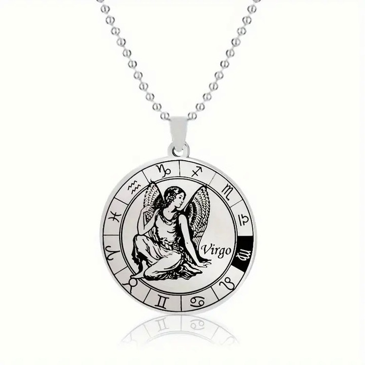 Nyaklánc, rozsdamentes acél, unisex, zodiákus, csillagjegy, állatövi jegy, Szűz, horoszkóp medál, golyós lánc 60 cm, 3 cm