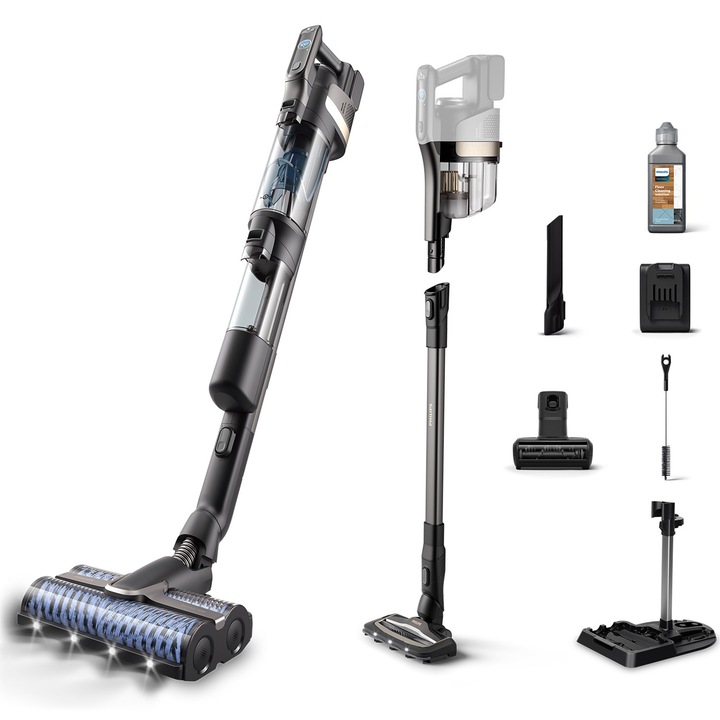 Вертикална прахосмукачка Philips 3-in-1, Серия AQUA TRIO 9000 XW9463/11, Технология Aqua Spin 4500, Самопочистващи се въртящи се четки, Батерия 25.2 V, Станция за съхранение и самопочистване, Мини турбо четка, Аксесоар за тесни пространства